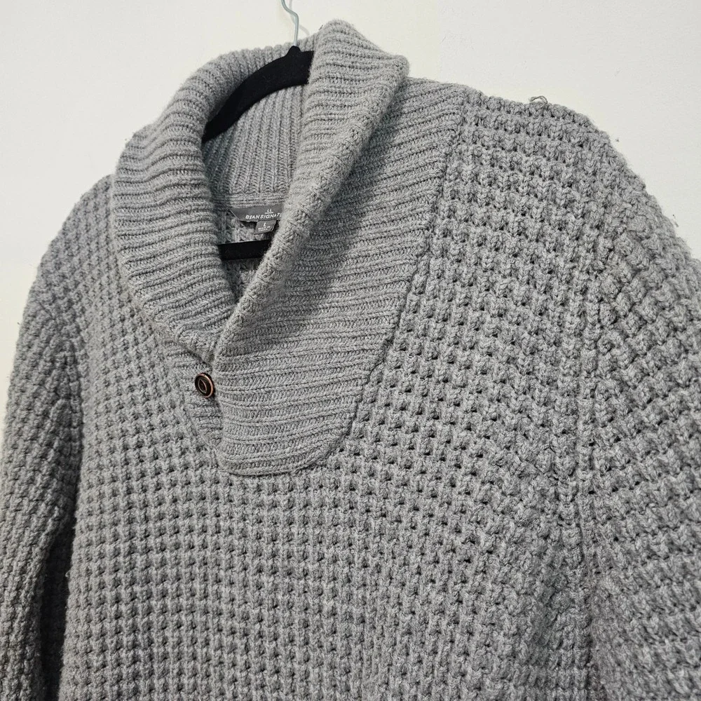 LL Bean Signature Mens Sweater Large Gray Merino Cashmere Shawl Chunky Knit Prep